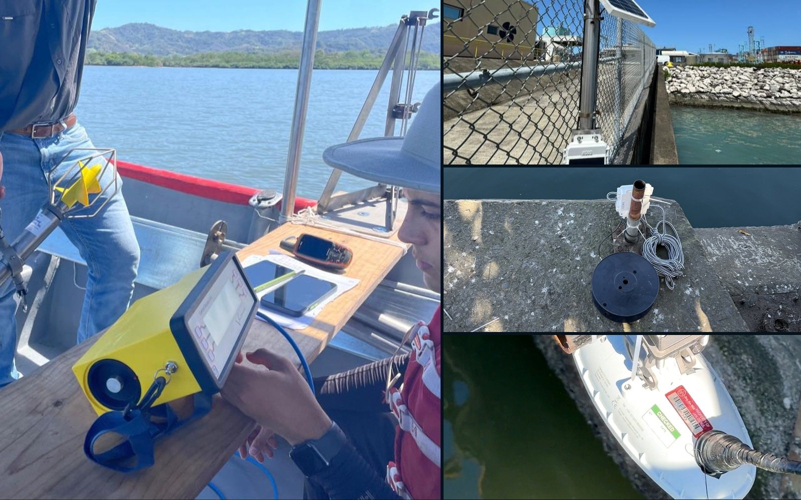Medición de corrientes desde la embarcación, mareógrafo con panel solar, instalación en el muelle y sensor de nivel